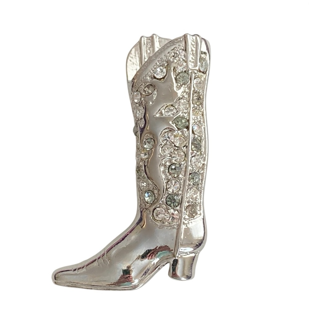 Silver Tone Cowboy Cowgirl Boot Brooch Embellished Rhinestones Crystals